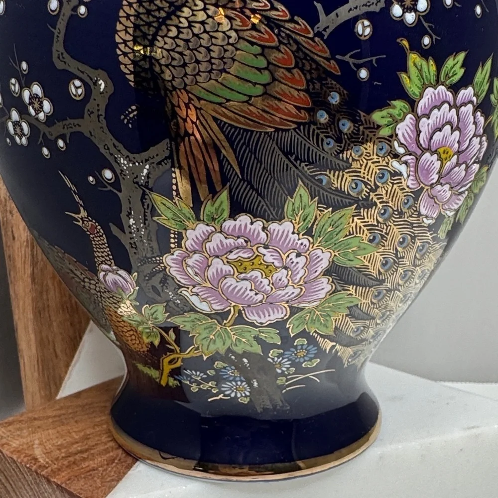 Vintage Asian Cobalt Blue Peacock Vase Jar Cherry Blossoms Gold Accents